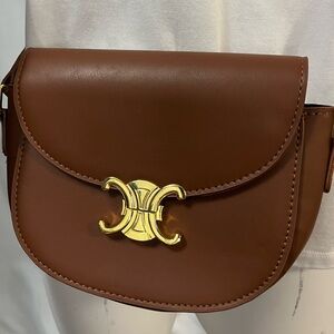 Brown Designer Inspired Crossbody Bag with Gold Logo.  Great gift